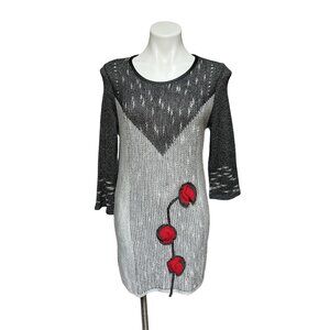 Koren Long Sleeve Sweater Dress Pointelle Knit Floral Applique M